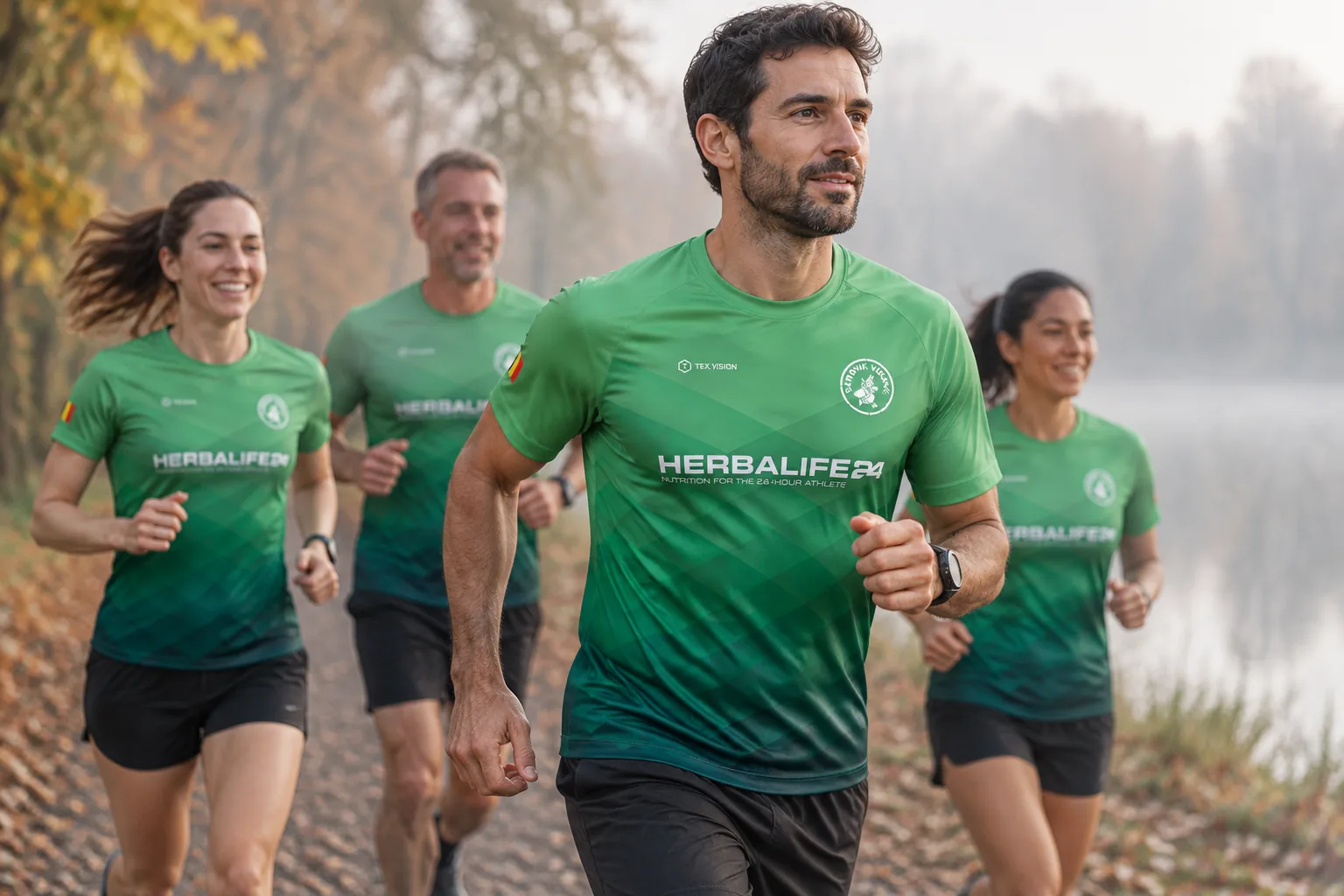 Loopclub in groene custom Urban loopshirts in het park