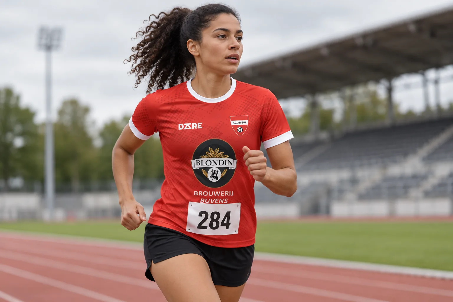 Atlete in een rood custom Urban loopshirt op de piste