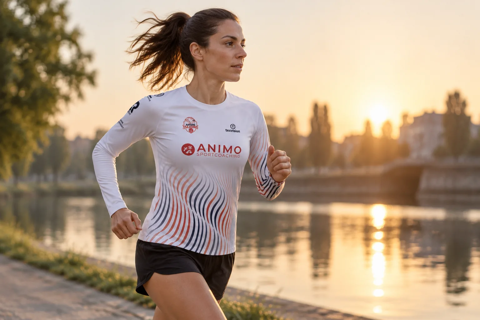 Loopster in een custom lange-mouwen loopshirt langs het kanaal