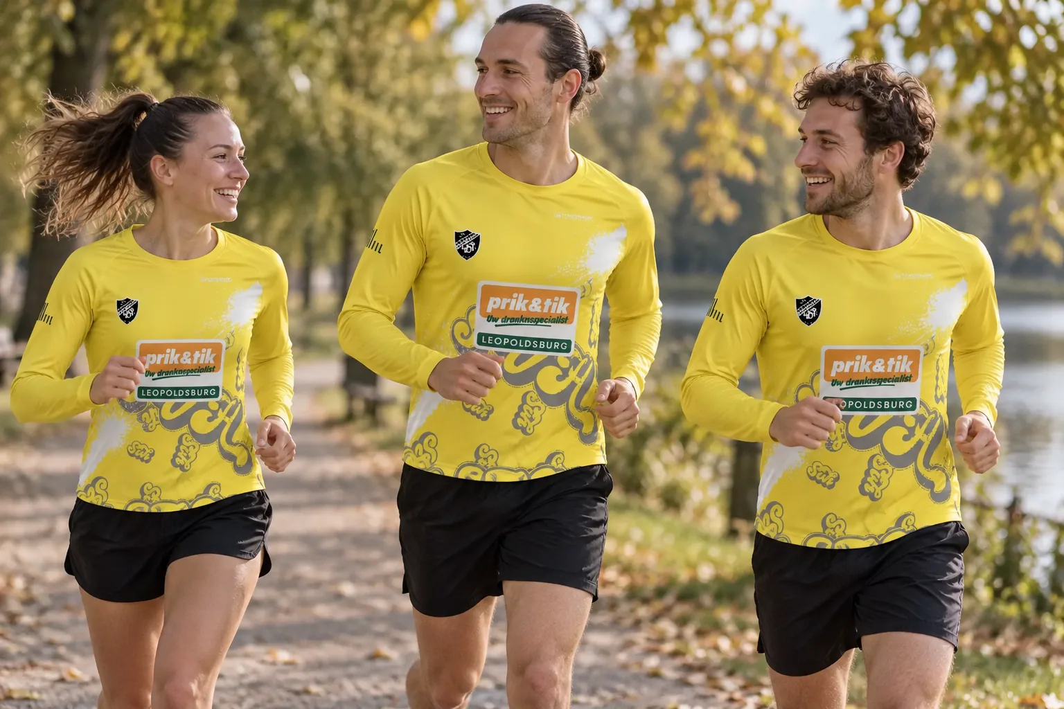 Loopgroep in gele custom lange-mouwen loopshirts in het park