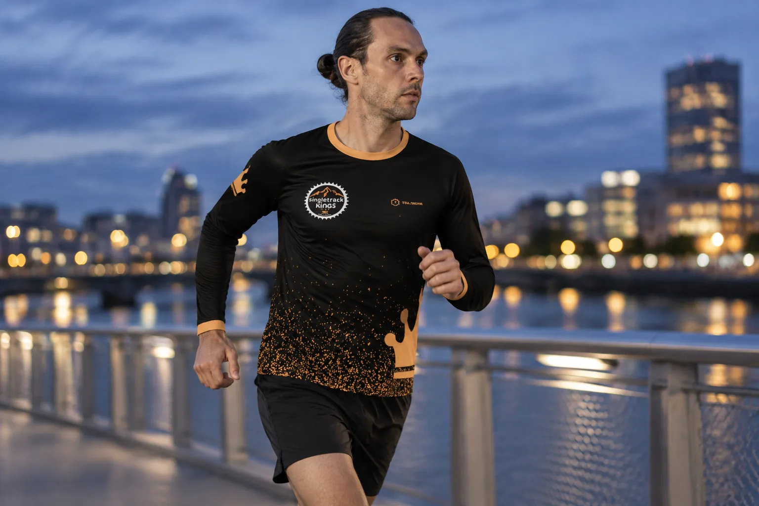 Loper in een custom lange-mouwen loopshirt op een brug bij avond