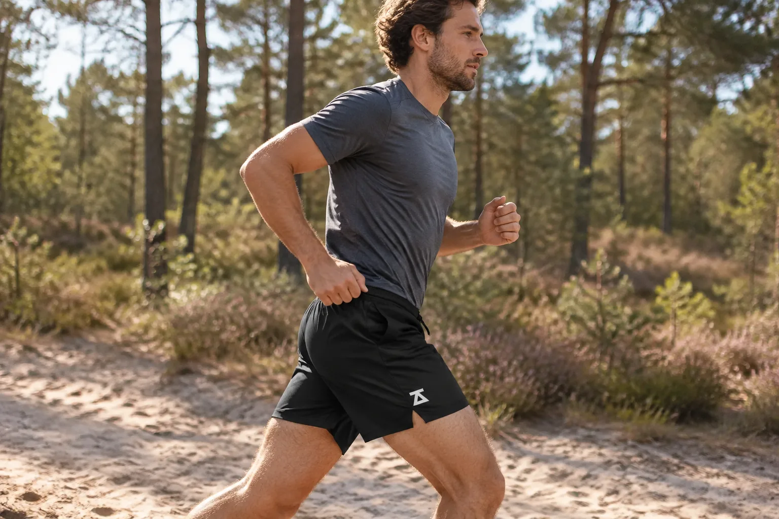 Loper in een custom short met zijzakken op een bospad