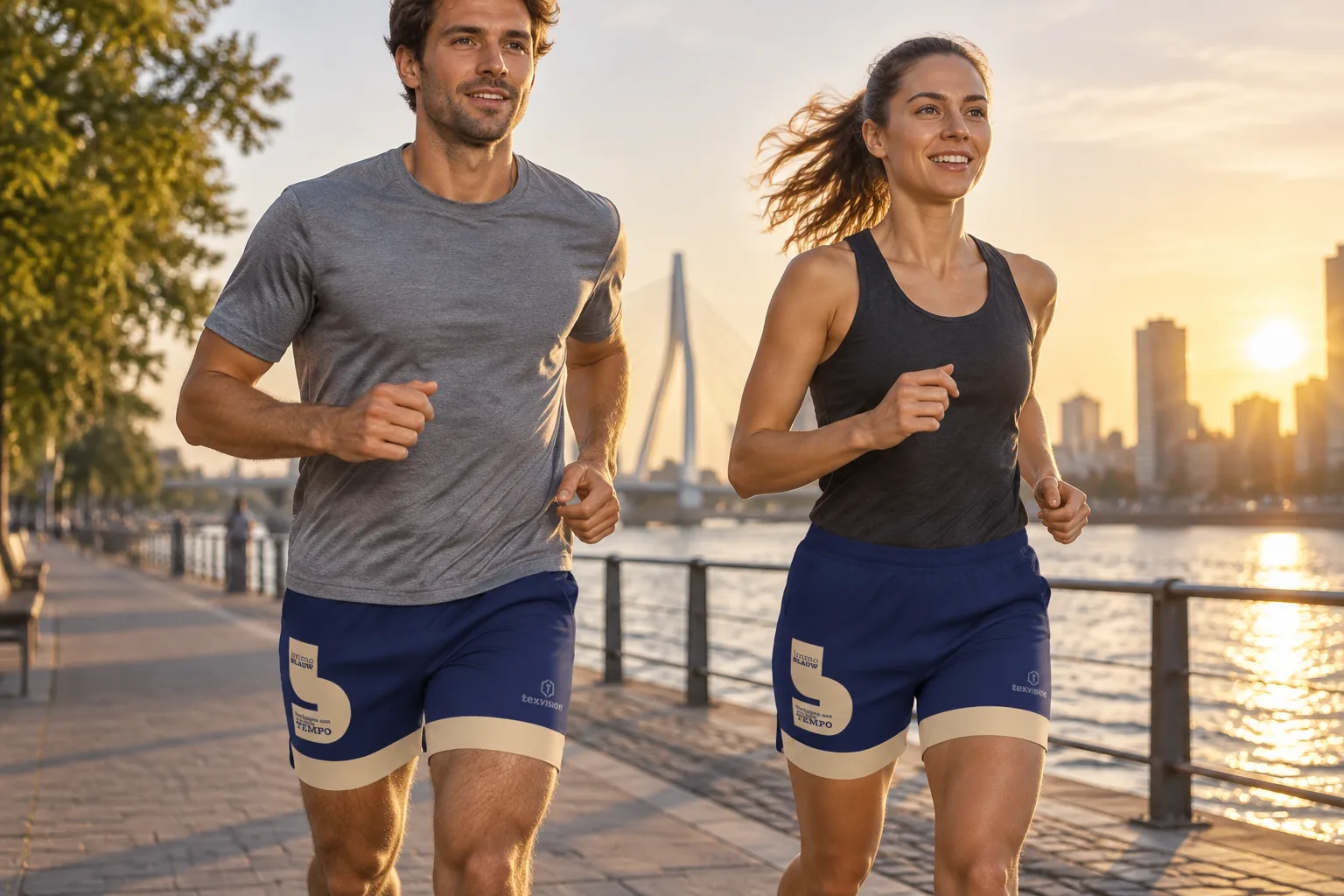 Twee lopers in custom shorts met zijzakken langs de rivier